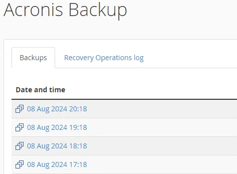 Acronis Backup showing a list of available backups
