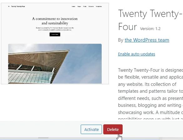 Picture showing how to delete WordPress theme