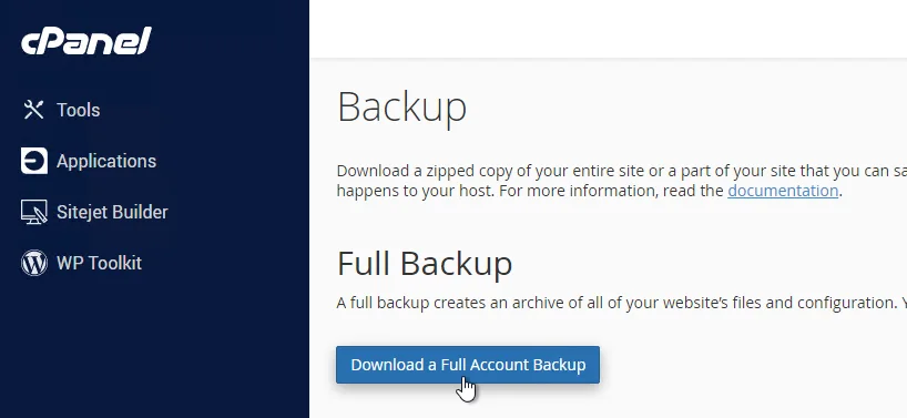 cPanel full backup page